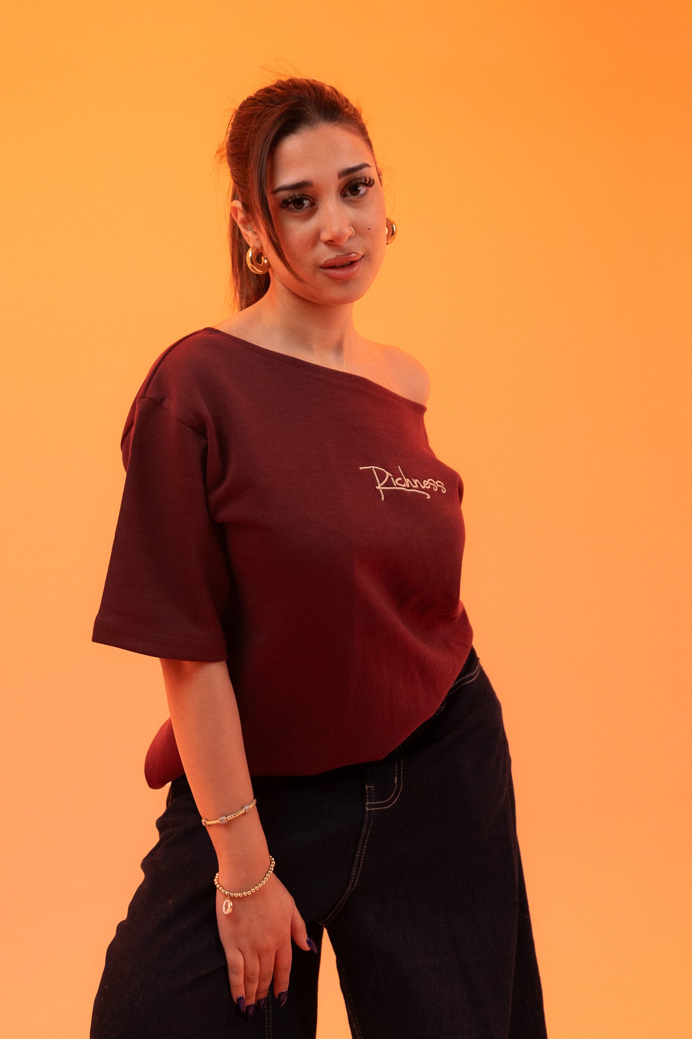 Off Shoulder T-shirt - Burgundy